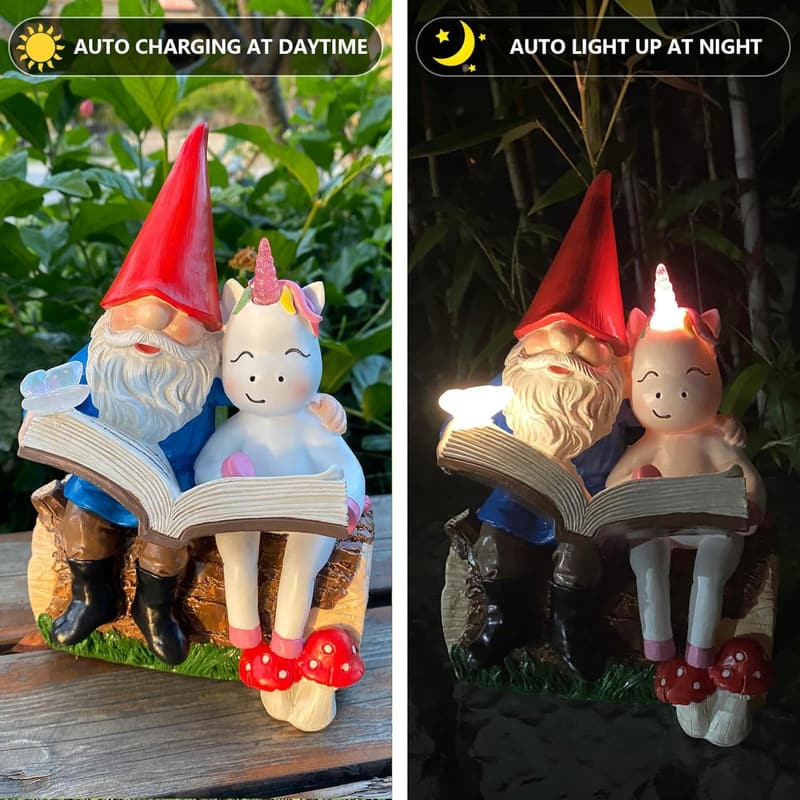 Gnome and Unicorn Reading Statue with Solar Light for Garden Decor