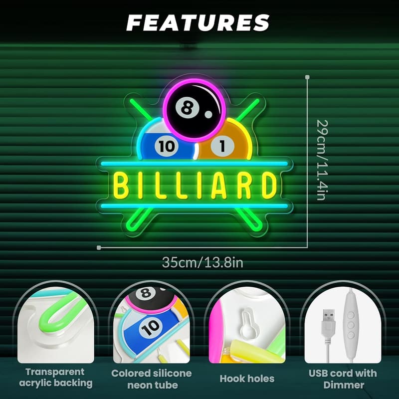 Dimmable Billiards Neon Wall Sign for Game Room Decor