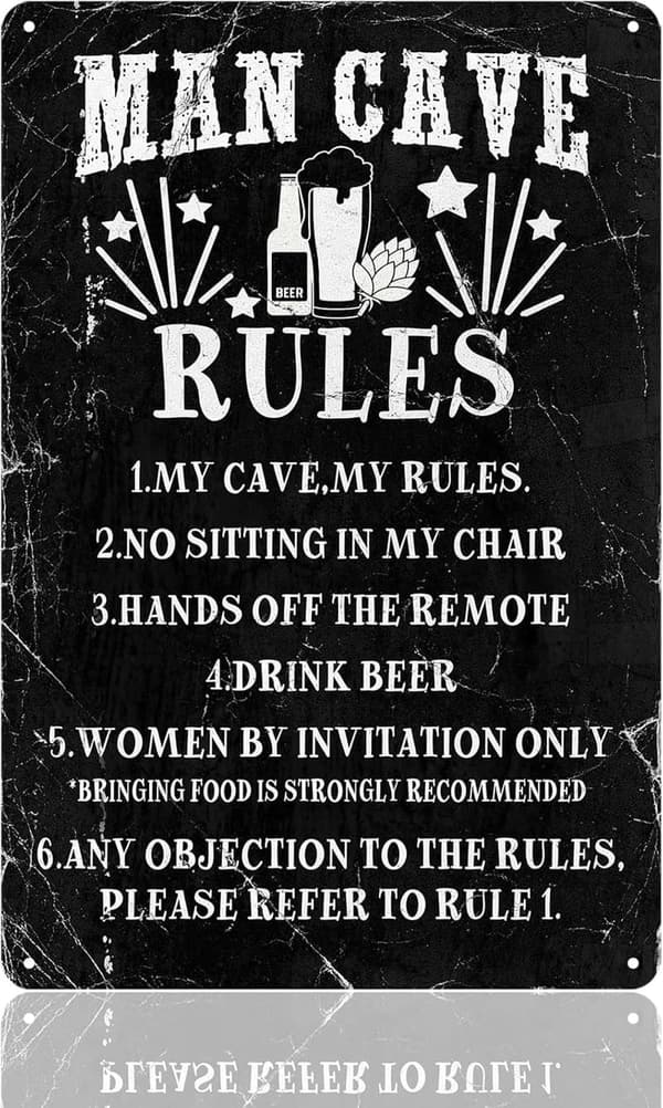 Funny Man Cave Rules Tin Sign - 8x12 Inch Wall Art for Men