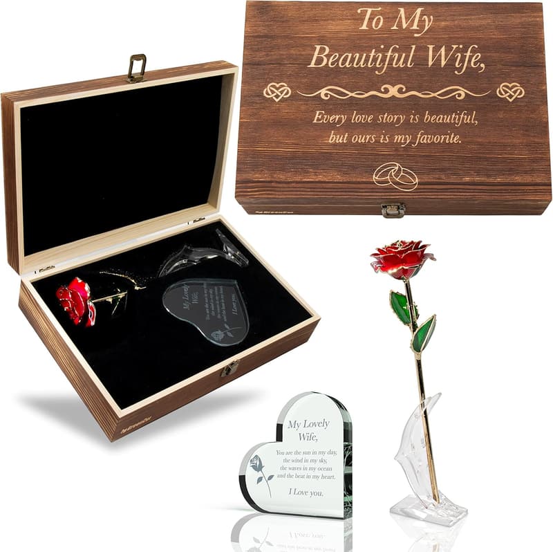 Wife's Anniversary Engraved Wooden Gift Set with Gold Dipped Rose
