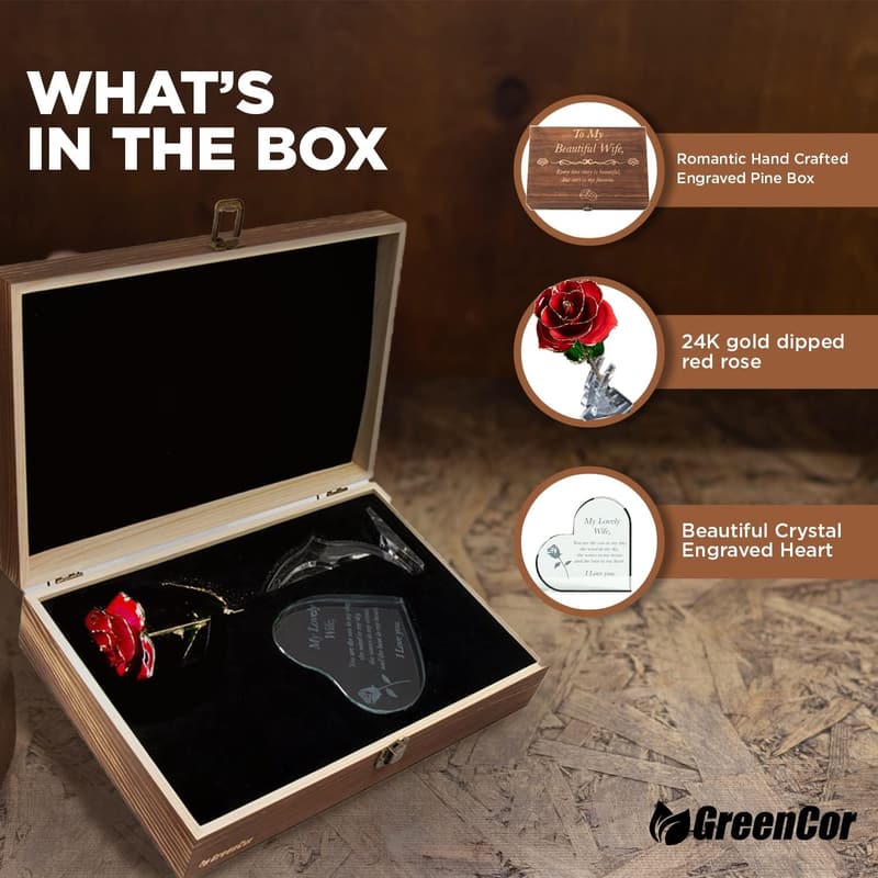 Wife's Anniversary Engraved Wooden Gift Set with Gold Dipped Rose