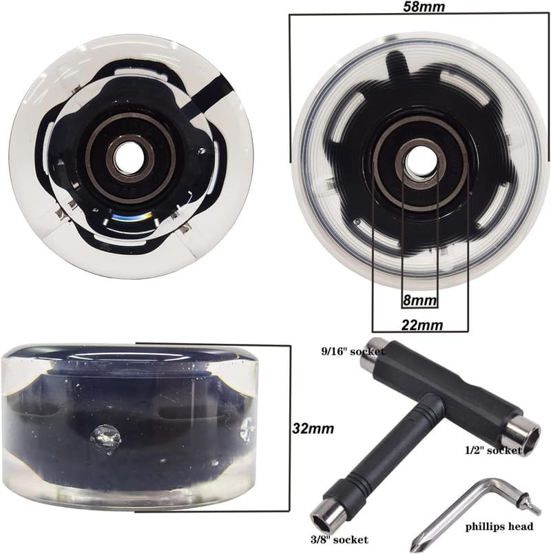 Luminous Roller Skate Wheels with Bearings - 54mm/58mm (8 Pack)