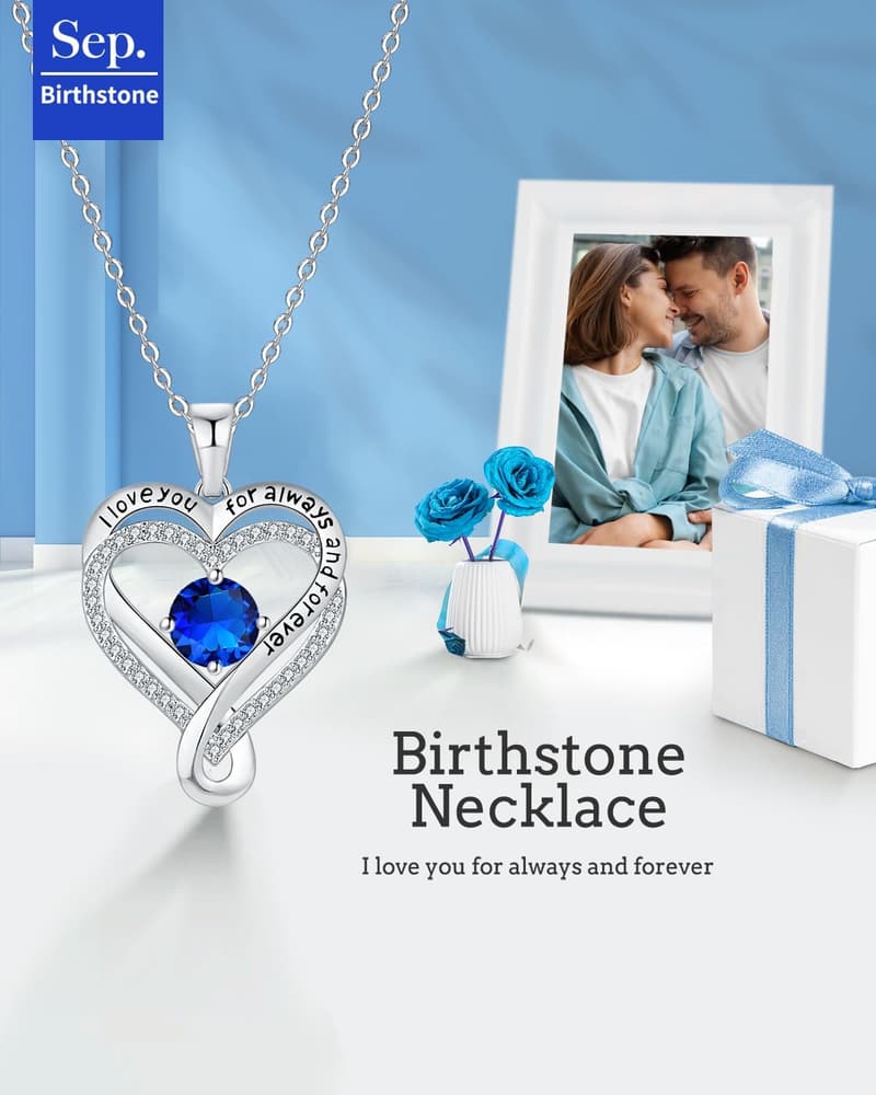 Wife Anniversary Heart Birthstone Necklace in Sterling Silver