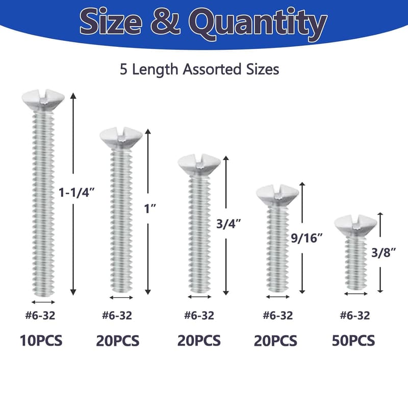 Wall Plate Screws Set - 120 pcs, White, 6-32 Thread, 5 Sizes