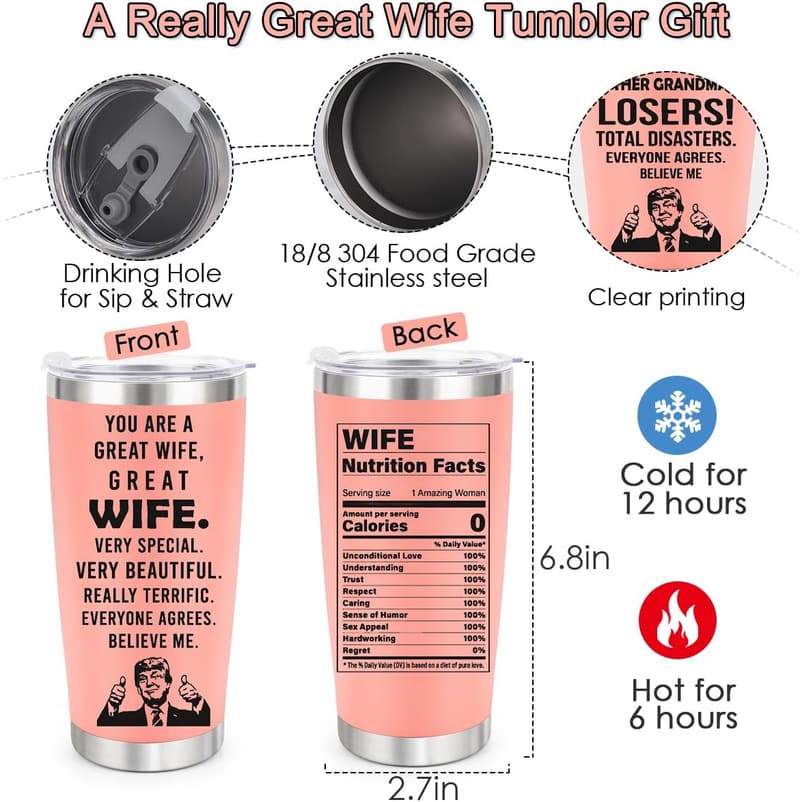 Great Wife 20oz Pink Tumbler - Birthday and Anniversary Gift
