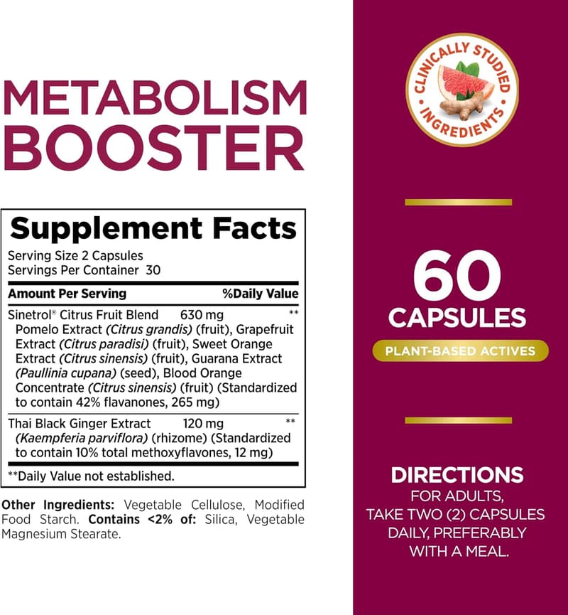 Metabolism Booster Supplement with Citrus & Black Ginger, 60 Caps