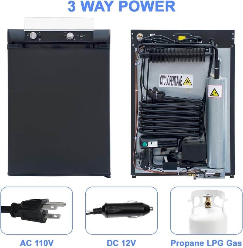 3-Way Propane Refrigerator for Off-Grid Use, 2.1 Cu.Ft, Black