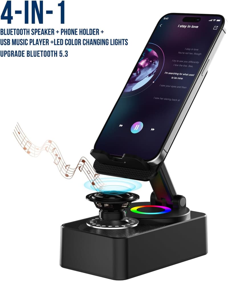 Bluetooth Speaker & Phone Stand with LED & Anti-Slip Base