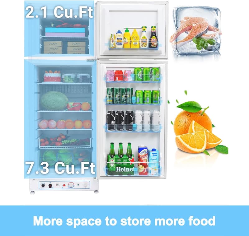 2-Way Gas Refrigerator with Freezer for RVs and Campers, 9.4 Cu.Ft.