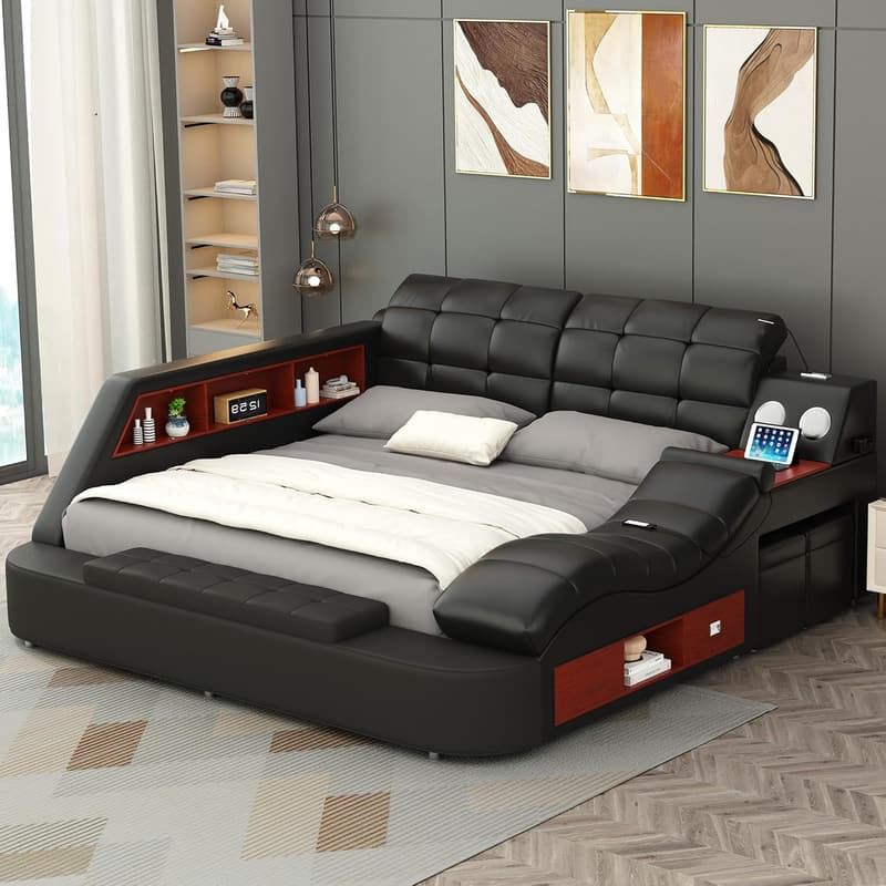 Modern Black Queen Bed Frame with Massage Lounge & Bluetooth