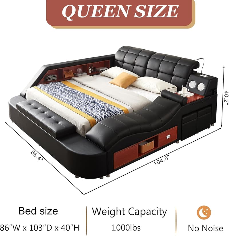 Modern Black Queen Bed Frame with Massage Lounge & Bluetooth