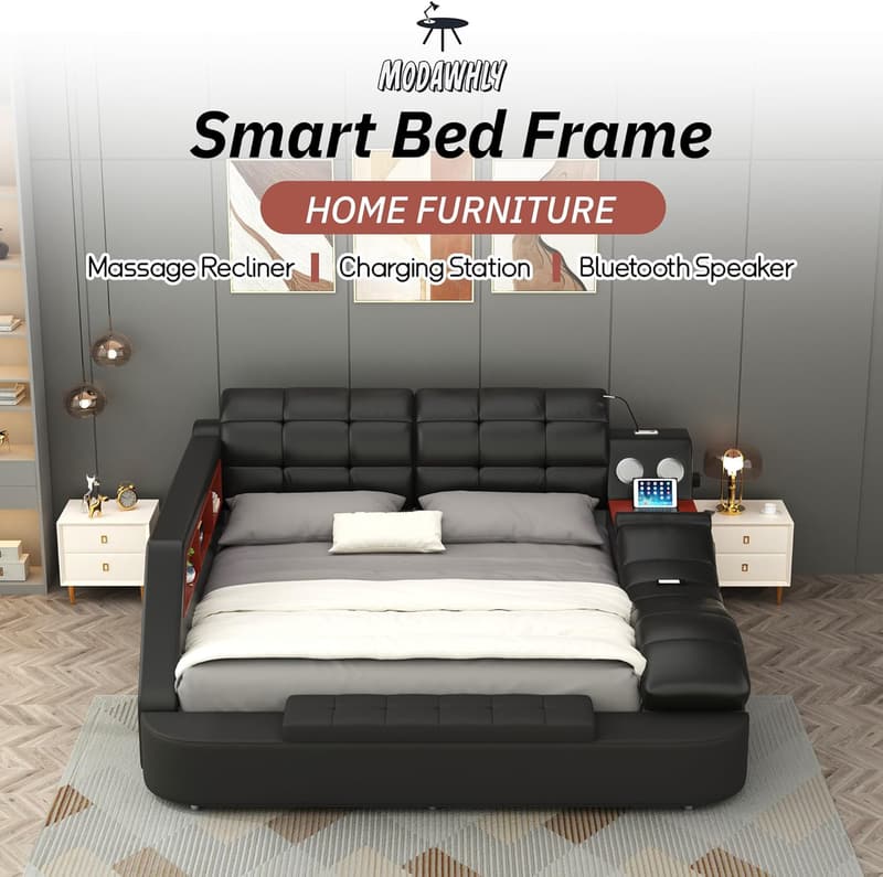 Modern Black Queen Bed Frame with Massage Lounge & Bluetooth