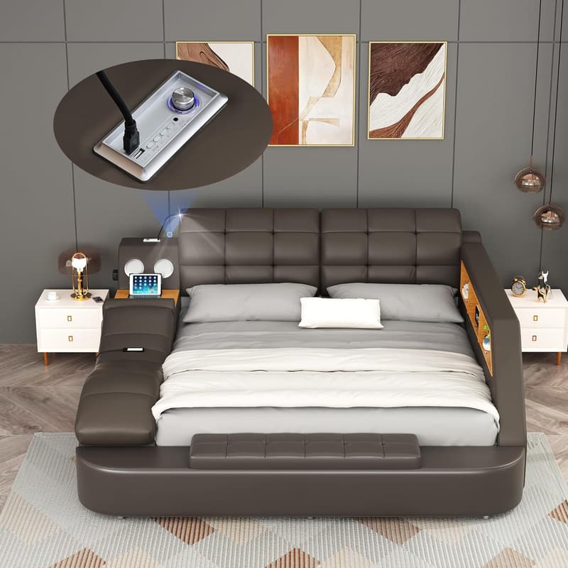 Upholstered Queen Bed Frame with Massage Recliner & USB Charging