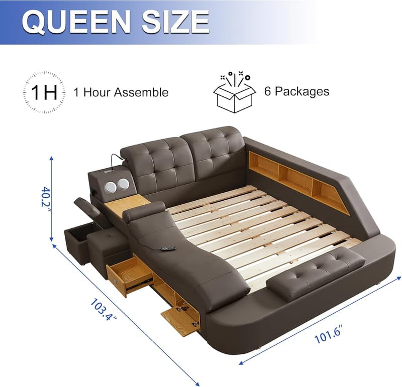 Upholstered Queen Bed Frame with Massage Recliner & USB Charging