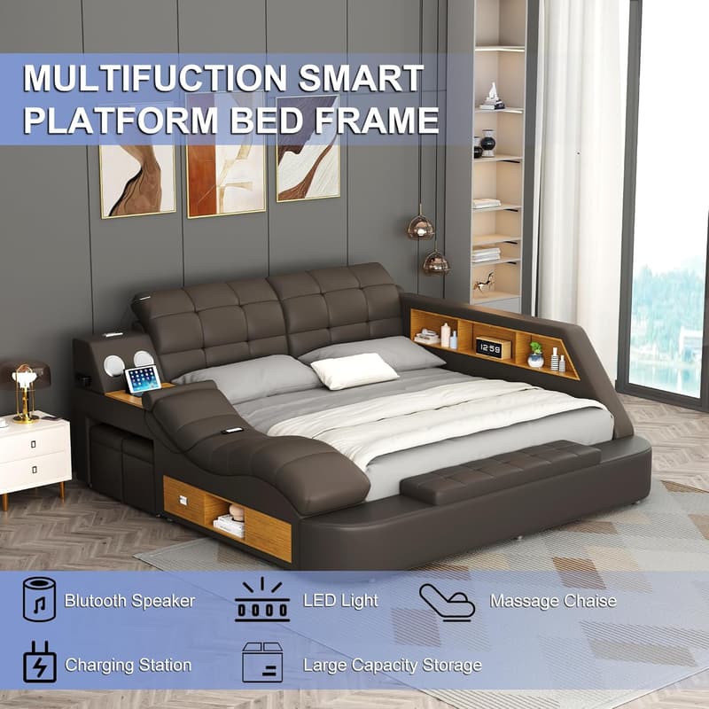 Upholstered Queen Bed Frame with Massage Recliner & USB Charging