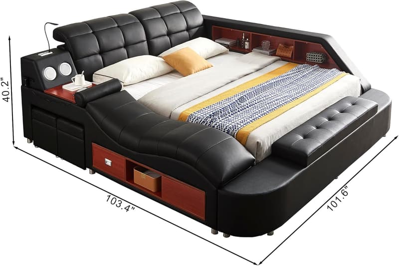 Modern Luxury King Size Bed Frame with Massage, USB & Storage