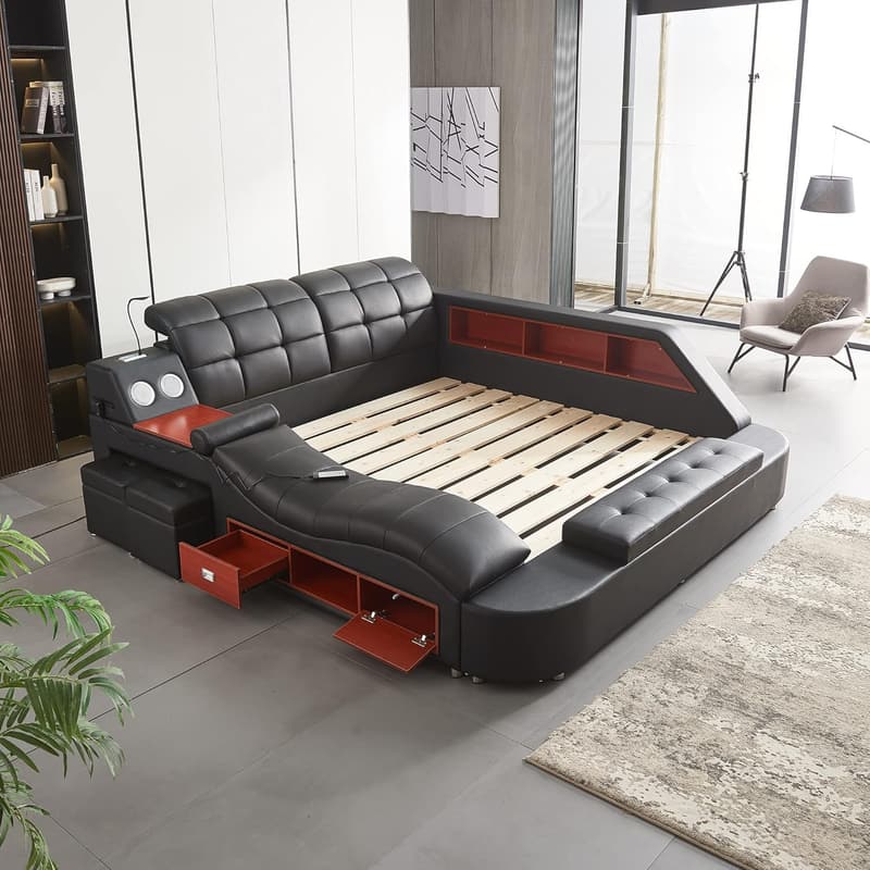 Modern Luxury King Size Bed Frame with Massage, USB & Storage