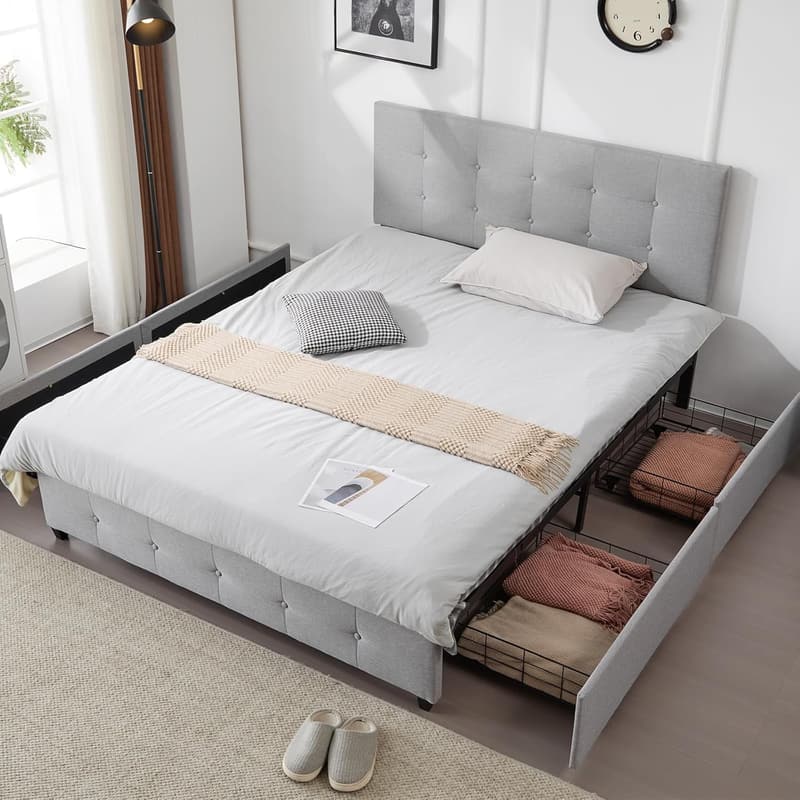 Light Grey Upholstered Queen Bed Frame with Storage Drawers