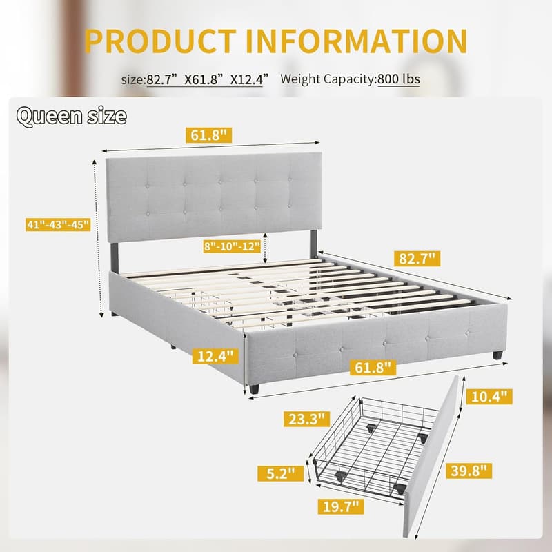 Light Grey Upholstered Queen Bed Frame with Storage Drawers