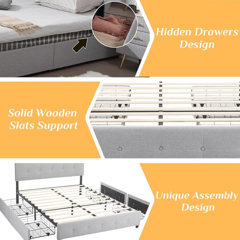 Light Grey Upholstered Queen Bed Frame with Storage Drawers