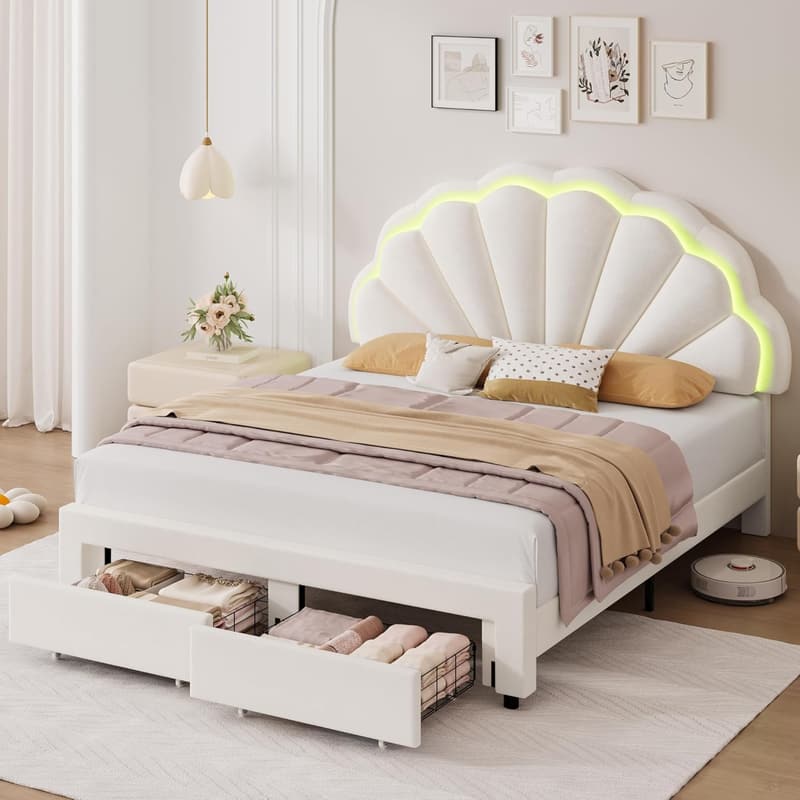 Beige Velvet LED Bed Frame with Storage and Adjustable Headboard
