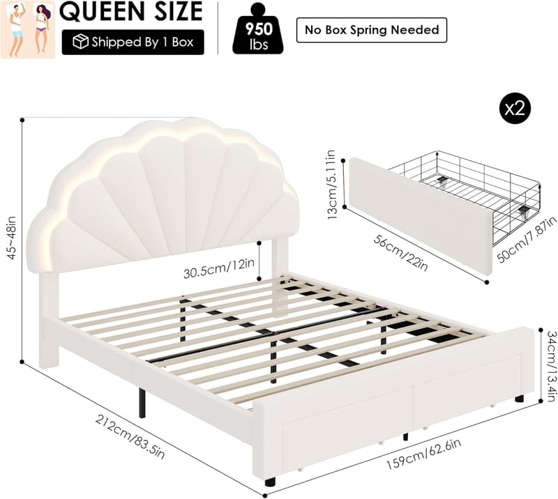 Beige Velvet LED Bed Frame with Storage and Adjustable Headboard