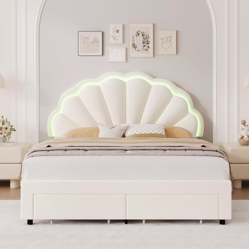 Beige Velvet LED Bed Frame with Storage and Adjustable Headboard