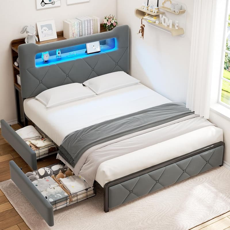 Grey Velvet LED Platform Bed Frame with Storage & Charging Station