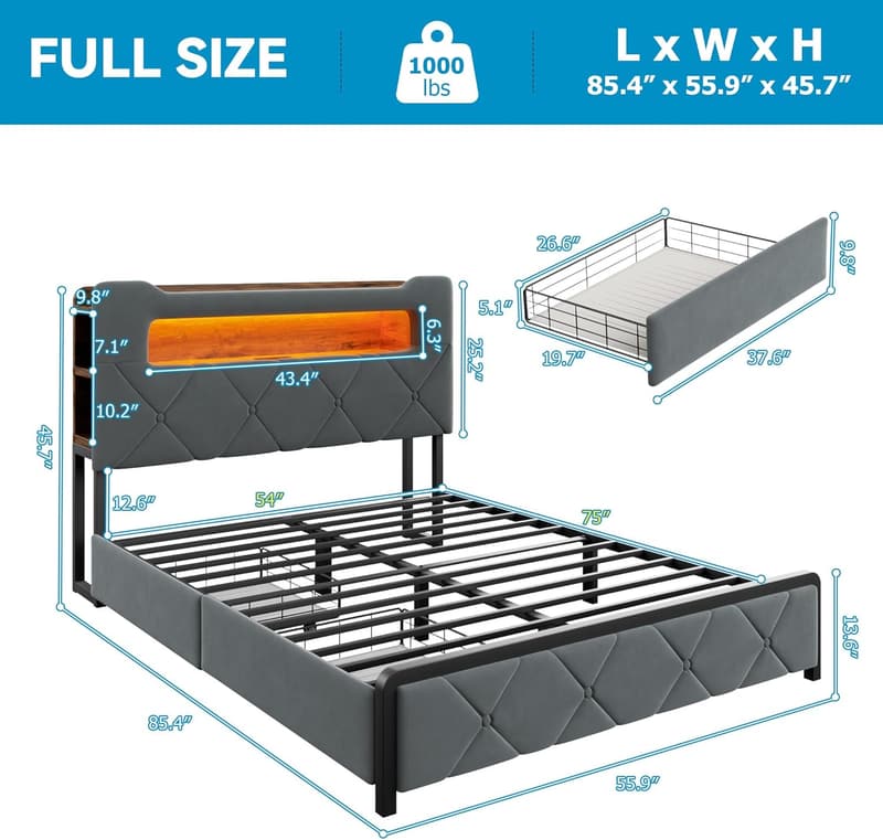 Grey Velvet LED Platform Bed Frame with Storage & Charging Station