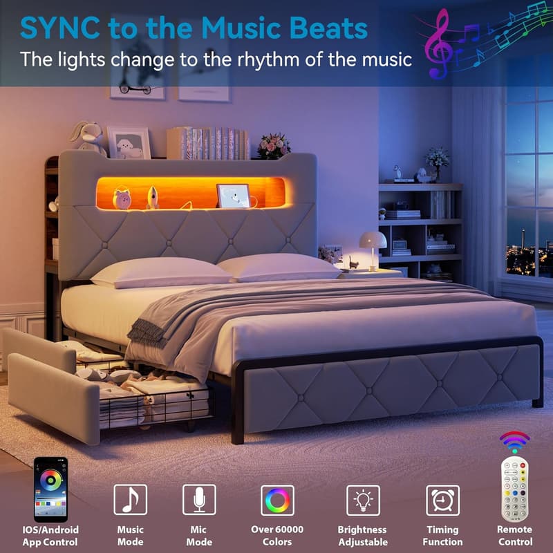 Grey Velvet LED Platform Bed Frame with Storage & Charging Station