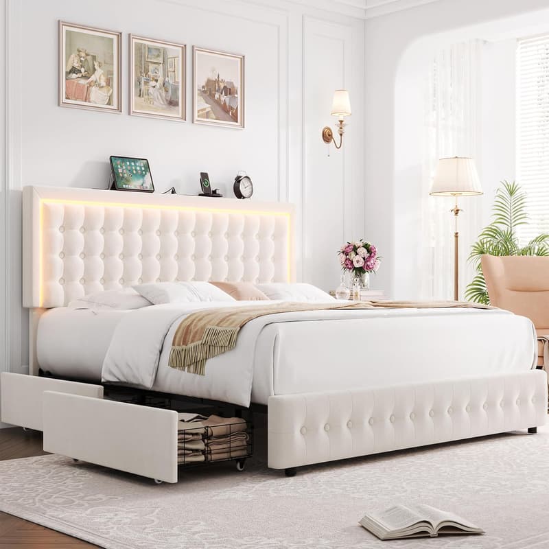 Queen Size Upholstered LED Bed Frame with Charging Station & Storage