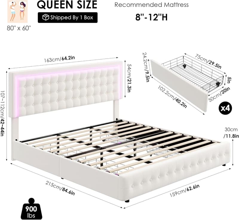 Queen Size Upholstered LED Bed Frame with Charging Station & Storage