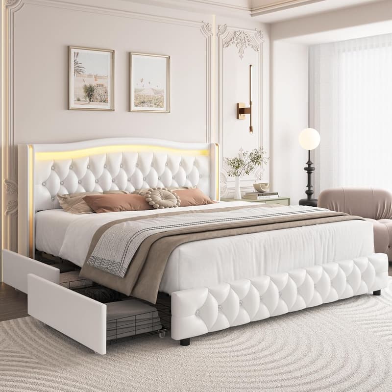 Modern LED Platform Bed Frame with Storage Drawers & Wingback Headboard