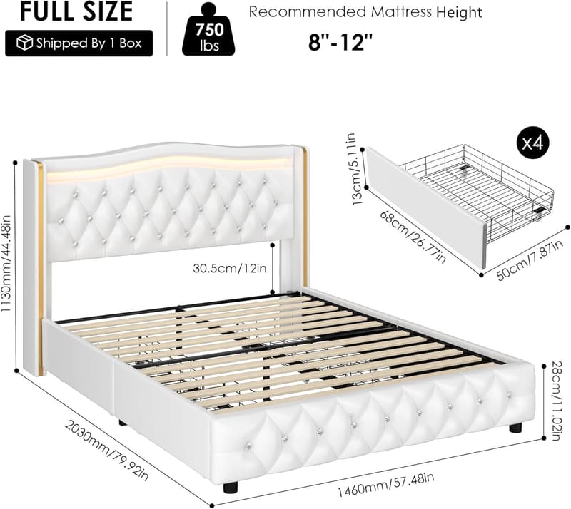 Modern LED Platform Bed Frame with Storage Drawers & Wingback Headboard