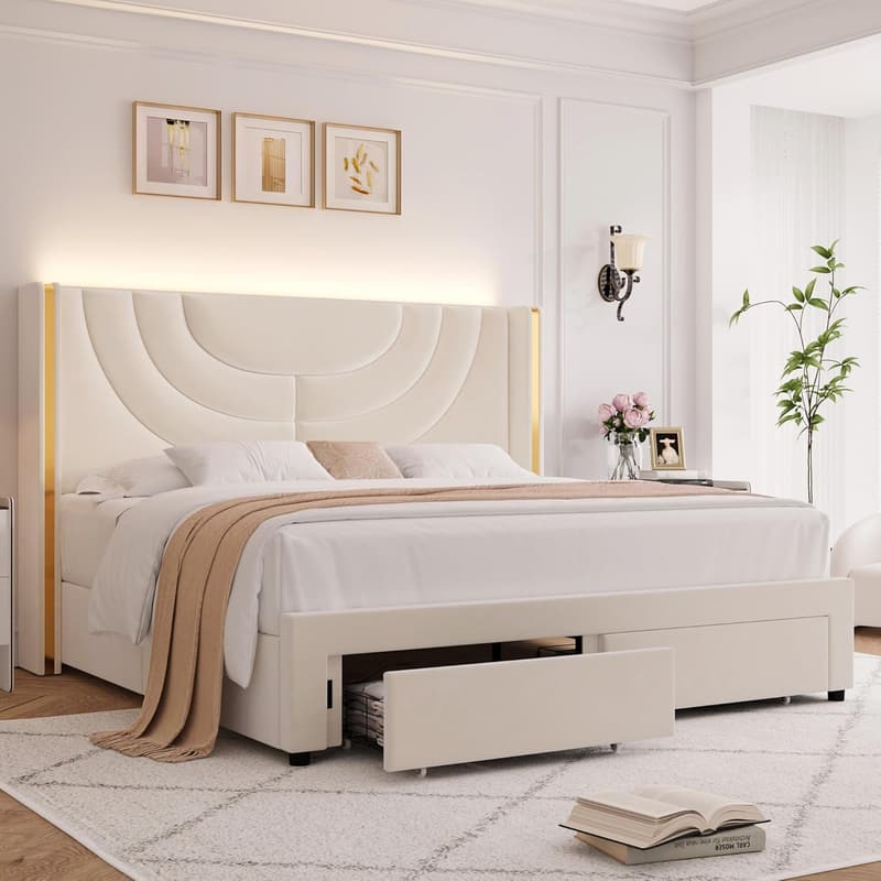 Velvet Queen Bed Frame with LED & Storage Drawers, Beige