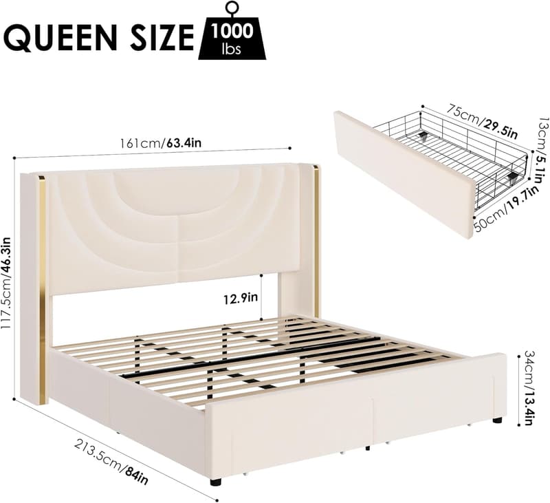 Velvet Queen Bed Frame with LED & Storage Drawers, Beige