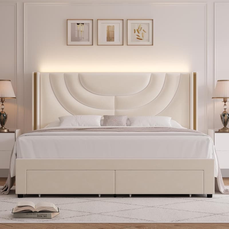 Velvet Queen Bed Frame with LED & Storage Drawers, Beige