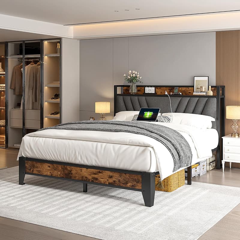 Upholstered Full Bed Frame with Storage & USB Charging Ports