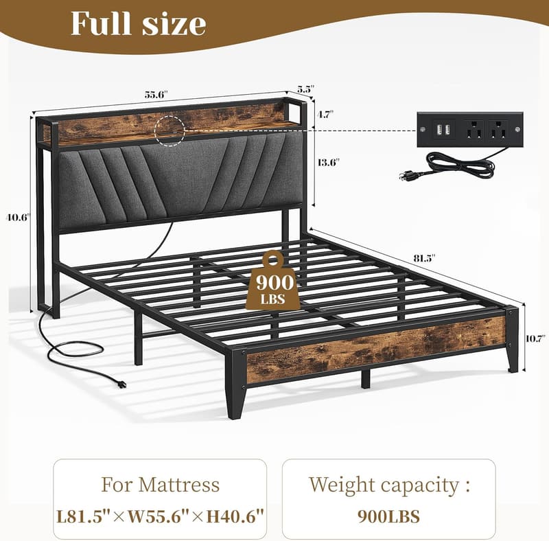 Upholstered Full Bed Frame with Storage & USB Charging Ports