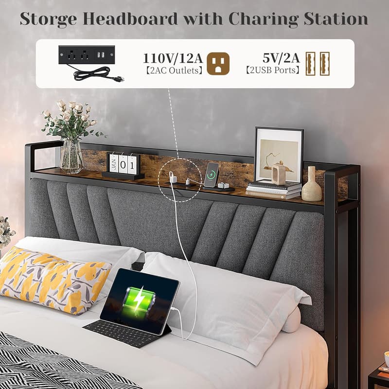 Upholstered Full Bed Frame with Storage & USB Charging Ports
