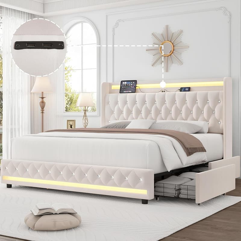 Queen Velvet LED Bed Frame with Charging Station & Storage Drawers