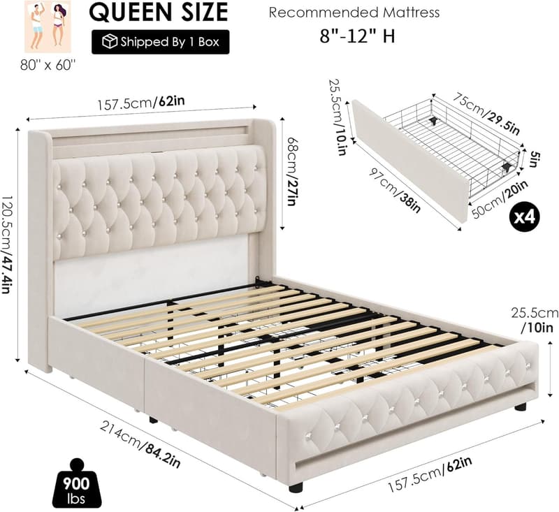 Queen Velvet LED Bed Frame with Charging Station & Storage Drawers