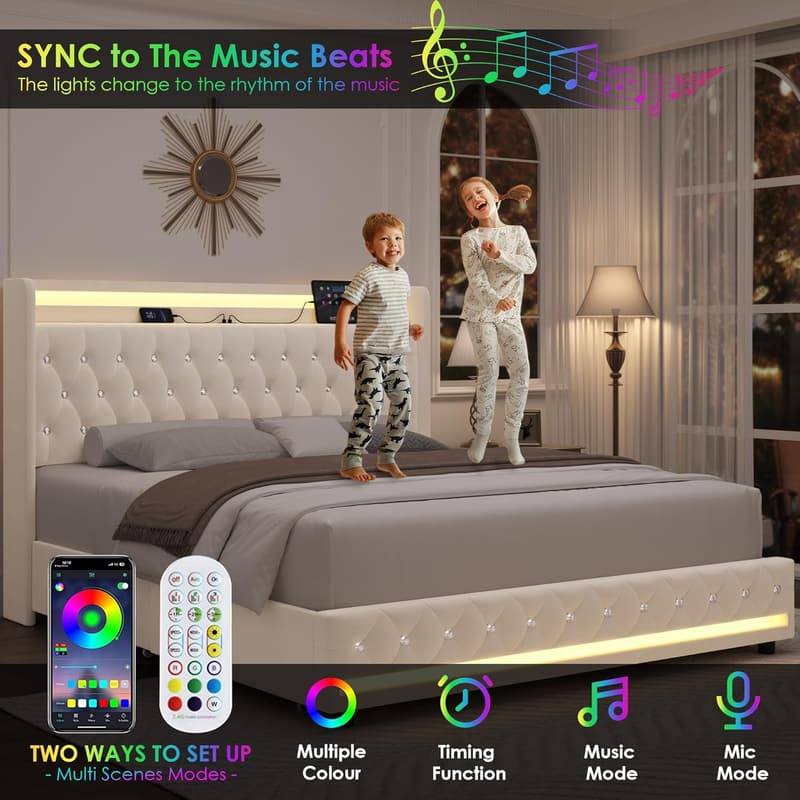 Queen Velvet LED Bed Frame with Charging Station & Storage Drawers