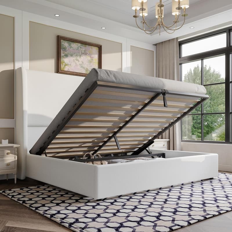 Queen Size Linen Upholstered Storage Bed Frame with Hydraulic Lift