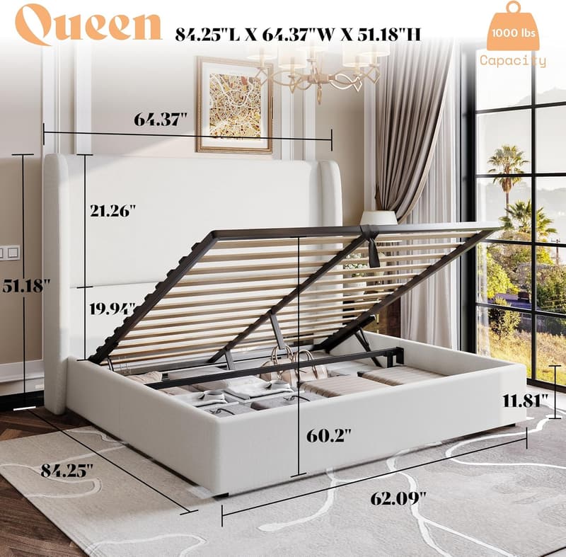 Queen Size Linen Upholstered Storage Bed Frame with Hydraulic Lift