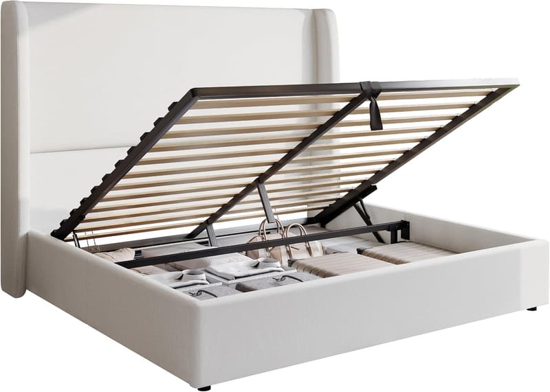Queen Size Linen Upholstered Storage Bed Frame with Hydraulic Lift