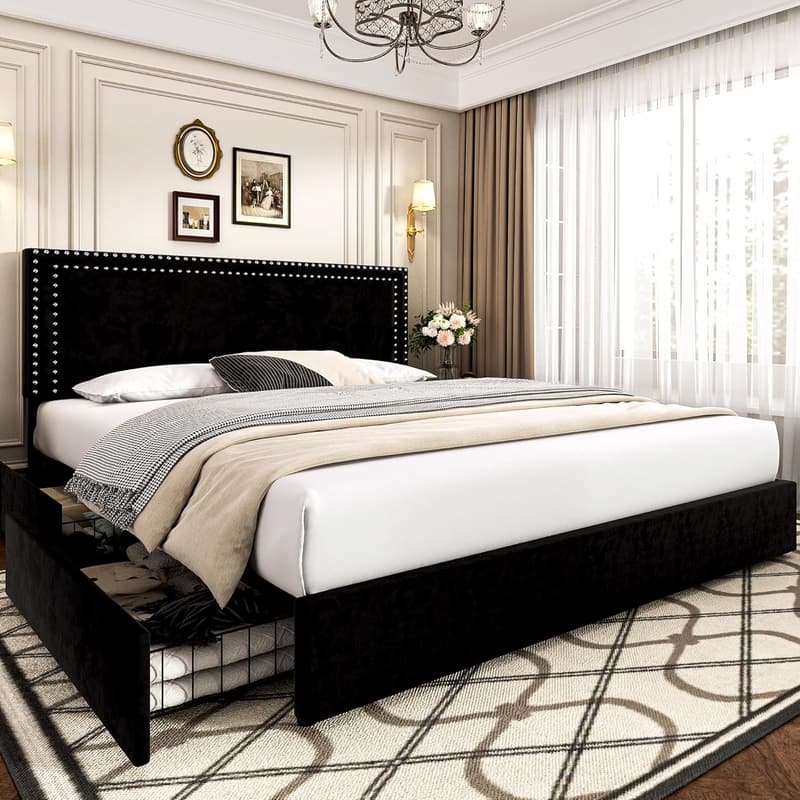 Upholstered Platform Bed Frame with Storage Drawers and Velvet Headboard