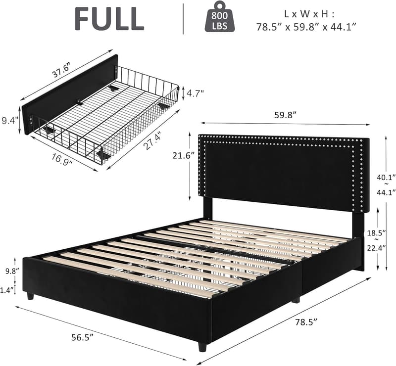Upholstered Platform Bed Frame with Storage Drawers and Velvet Headboard