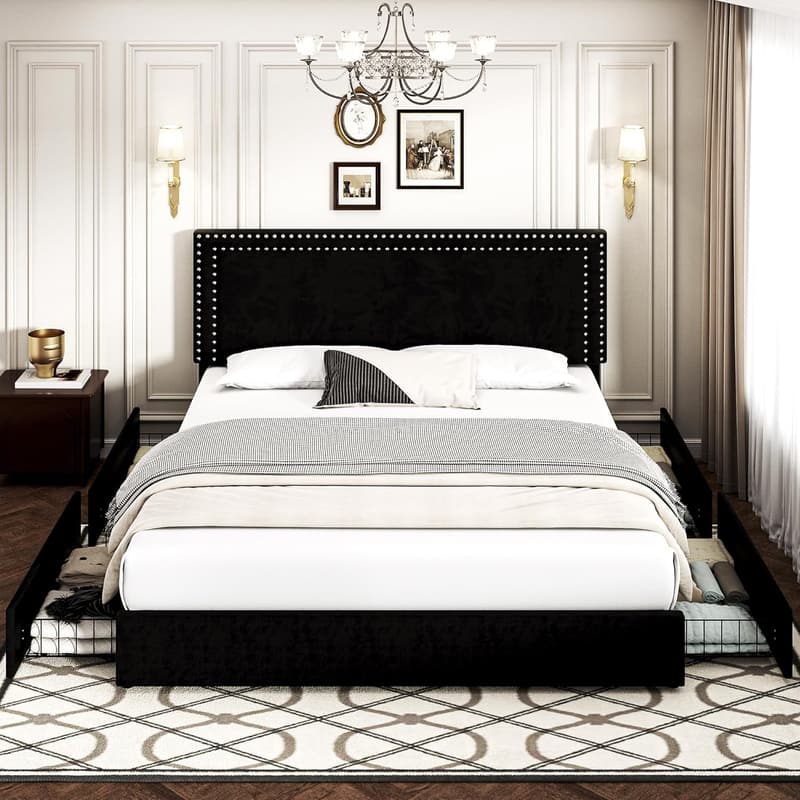 Upholstered Platform Bed Frame with Storage Drawers and Velvet Headboard