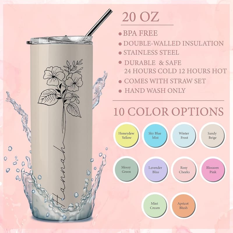 Personalized 20 Oz Birth Flower Tumblers for Women